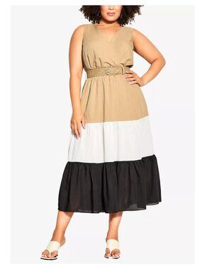 City Chic Cynthia Tiered Belted Midi Dress Size 16 Sleeveless Lightweight